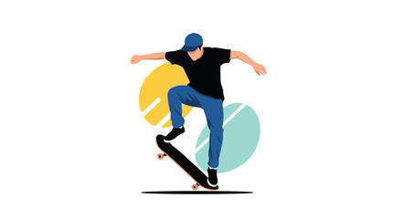Obraz premium Young man in a cap performs a dynamic trick on a skateboard against a background of colorful abstract shapes, representing urban sport.