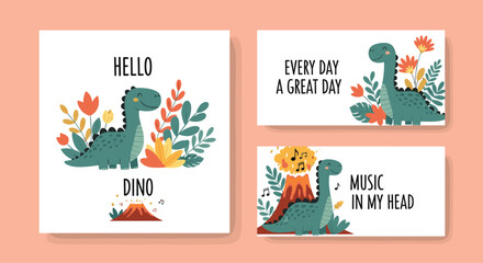 Fototapeta premium Set of cute greeting cards or banners featuring a friendly green dinosaur with positive messages like 