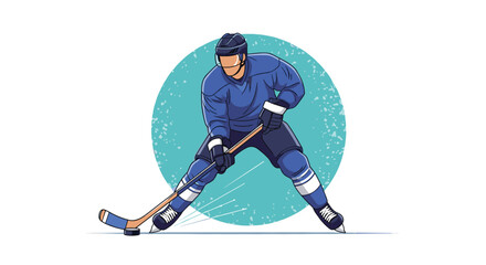 Obraz premium Ice hockey player in a blue uniform and helmet skating with a stick and puck during a game, shown in a dynamic vector illustration.