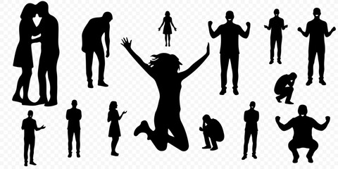 Set of full body silhouettes of people expressing diverse emotions and body language, featuring jumping for joy, despair, hugging couple, and celebrating success isolated © Vladislav