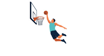 Obraz premium A basketball player in mid-air performing a powerful slam dunk, showcasing athleticism and skill in a minimalist vector style.