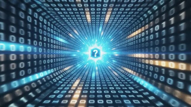 Data tunnel with binary code and bright light at the center, representing technology and digital information flow