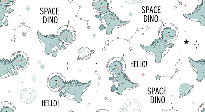 Seamless pattern for kids with cute cartoon dinosaurs in astronaut helmets floating in space with stars, planets, and constellations.