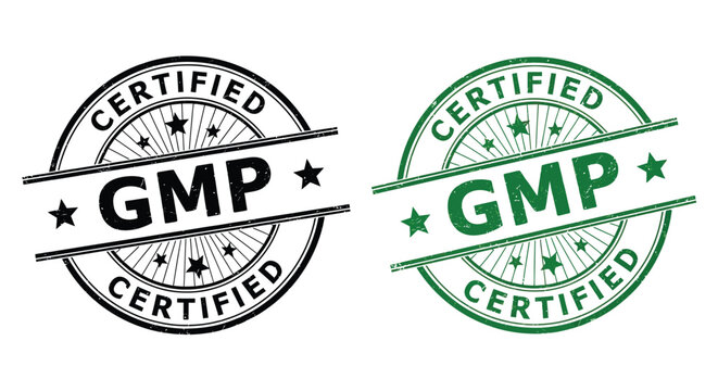 Set of two grunge style certified GMP rubber stamps one in black and one in green isolated on a white background for quality assurance