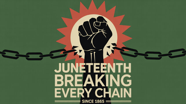 Juneteenth breaking chains symbol with raised fist isolated on transparent background