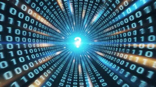 A bright light shines through a tunnel of binary code, representing data and technology concepts from a futuristic viewpoint.