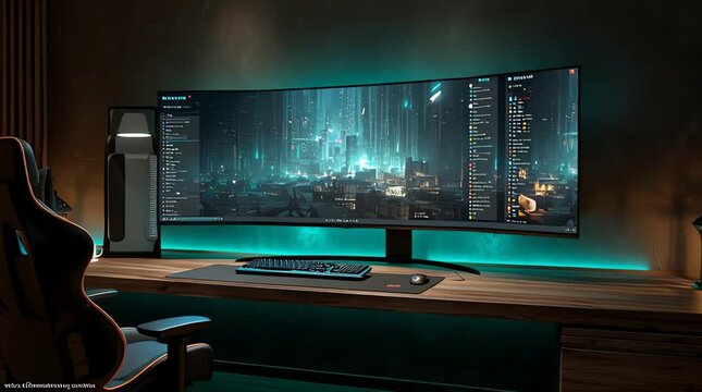 Cinematic video of a modern Islamic gaming room interior at night, matte walnut wood walls with subtle geometric Islamic patterns engraved