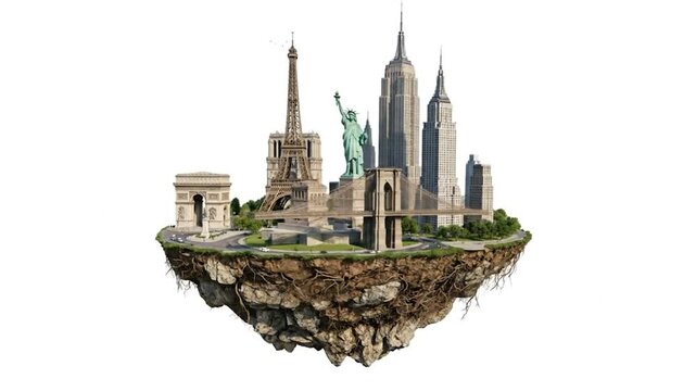 Floating Island with Famous Landmarks: Paris and New York City Skylines