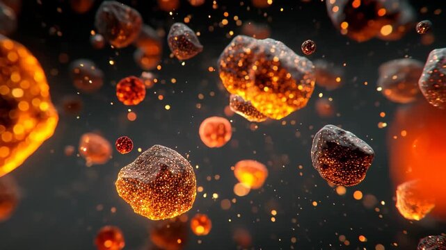 A cluster of rocks and fireballs soaring through the air against a blurred background.