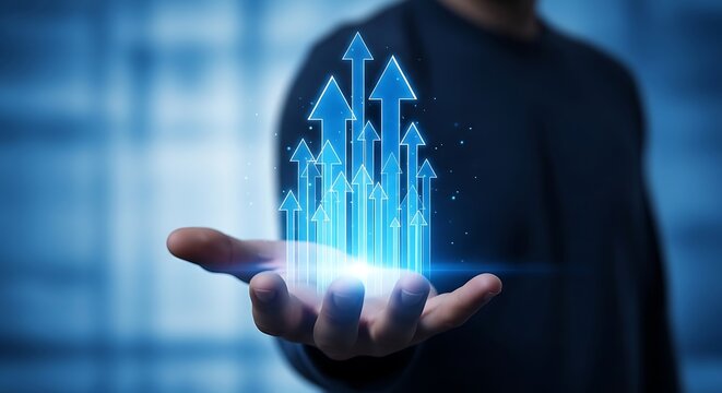 Business growth concept with glowing blue arrows rising