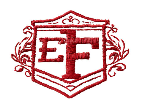 A red embroidered logo on transparent background