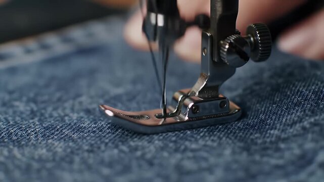 Sewing denim closeup.