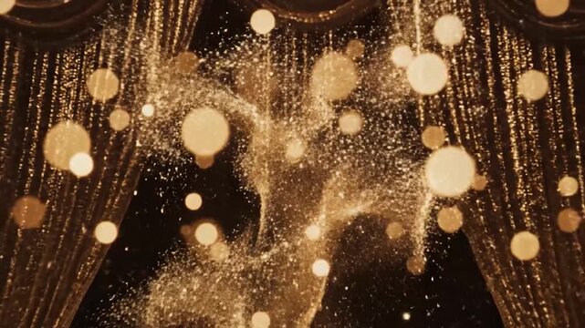 Golden stage background with sparkling lights and festive bokeh effects