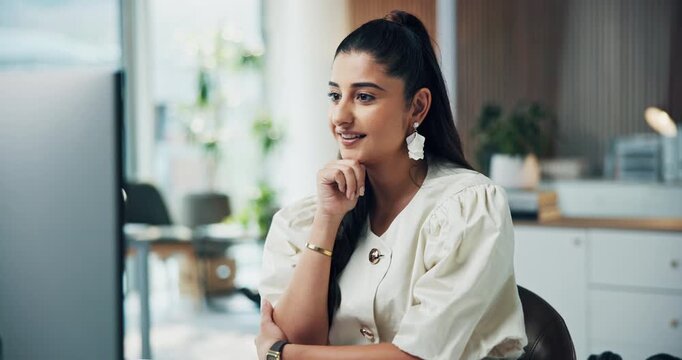 Thinking, solution or woman in office with computer, draft idea or brainstorming in article update. Insight, coworking or journalist with tech, story development or planning column for publication.