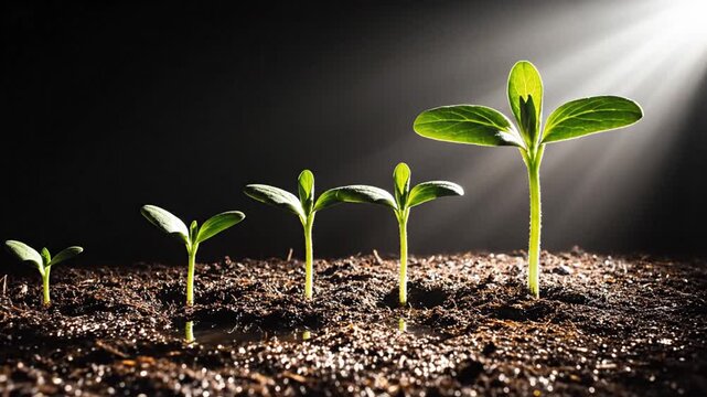 Young seedlings growing in soil with varying heights and leaf sizes illuminated by a beam of light from the top right corner of the frame.