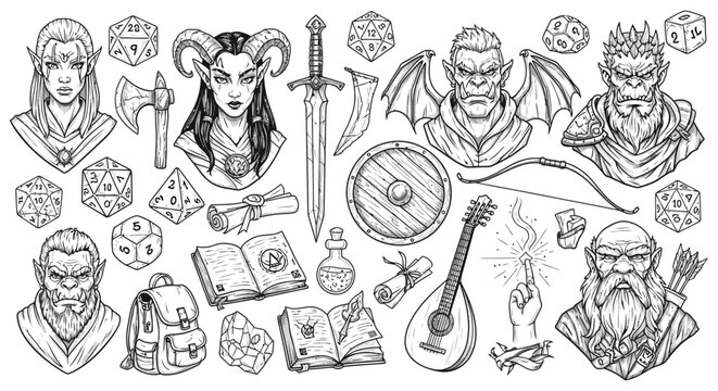 rpg game assets line art collection featuring diverse mythical characters dd dice and adventure items ideal for game design.