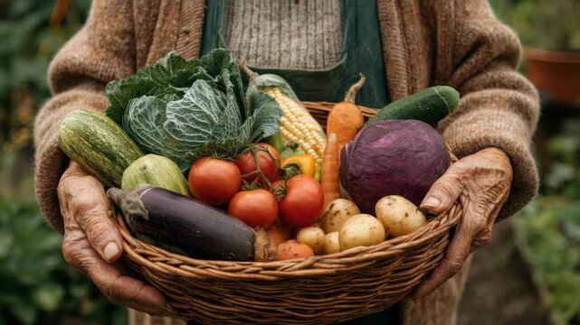 Smiling grandmother holding a wicker basket with a fresh autumn harvest of vegetables