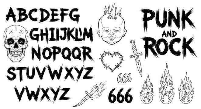 punk rock grunge font skull mohawk baby daggers and flames vector graphics for alternative and edgy design.