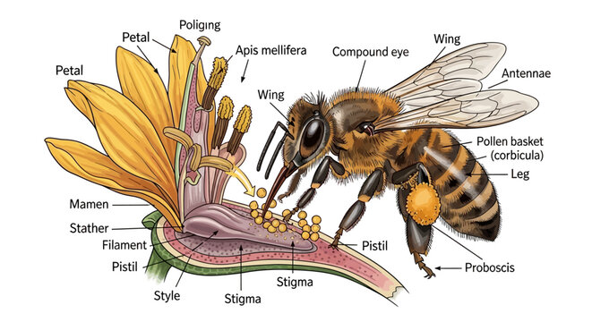 Highly detailed scientific illustration of honeybee pollination process showing bee anatomy, pollen transfer, and flower interaction in a natural ecosystem. This educational artwork visually explains 