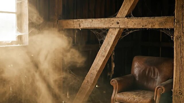 Dusty light streams through barn window with illuminating leather armchair and wooden beams.