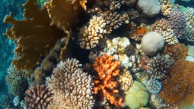 Underwater shot shows diverse corals in various colors and textures on a reef landscape