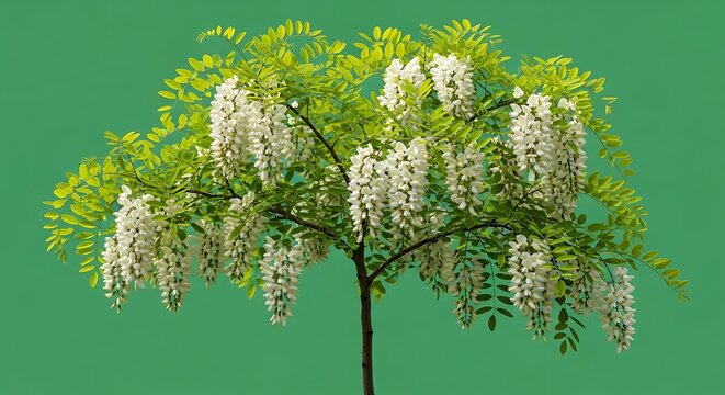 Beautiful flowering black locust tree with cascading white blossoms against a green background.