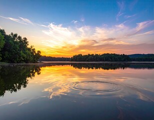 Fototapeta premium Tranquil lake reflects vibrant sunset sky with ripples.