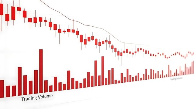 Graphic showing a declining stock market with red candlestick charts and volume bars