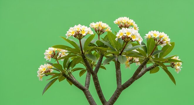 Delicate White Frangipani Flowers Blooming on Green Background.