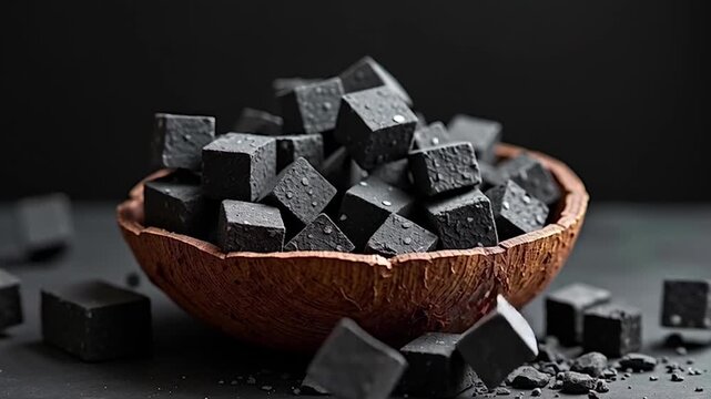 A rustic wooden bowl filled with dark, textured cube-shaped objects, possibly charcoal or volcanic rock, with some pieces in motion and water droplets on surfaces, set against a dark background.