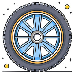 Fototapeta premium Stylized Cartoon Car Wheel Icon with Blue Rim and Treaded Tire Vector Illustration for Automotive Service