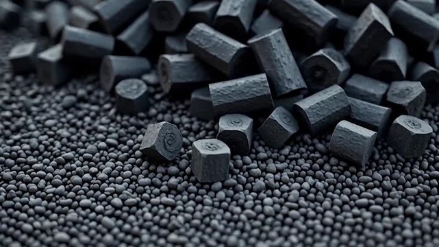 A close-up shot of numerous dark, textured, hexagonal briquettes or pellets, possibly charcoal or activated carbon, piled on a bed of smaller granules.