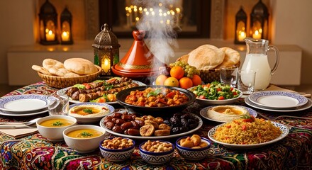 Fototapeta premium A lavish spread of traditional dishes served on a beautifully decorated table.