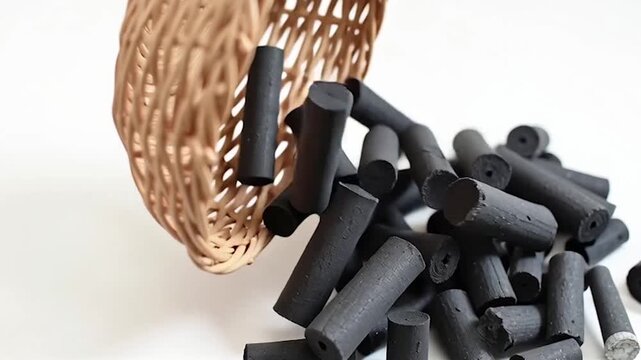 A wicker basket overflowing with cylindrical charcoal pieces, with more scattered on a clean white surface, highlighting their rough texture and dark color.