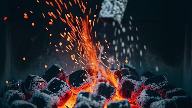 Close-up of intensely glowing charcoal briquettes with numerous bright orange sparks flying upwards against a dark background, creating a dynamic fiery scene.