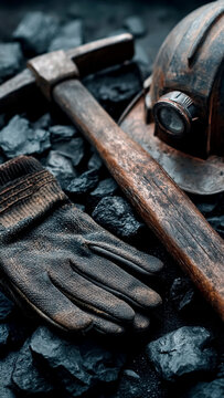 Worker Gloves, Iron Pickaxe and Safety Helmet over Coal. Mineral Extraction, Geology Resource, Heavy Labor.