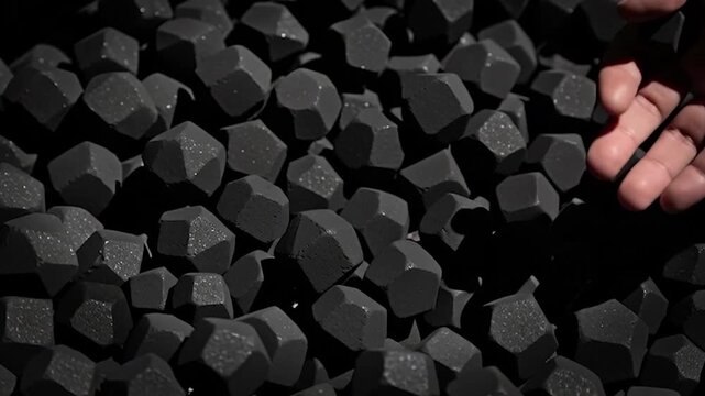 A close-up shot of a hand holding several black, multifaceted, geometric briquettes, possibly charcoal, with more visible in the blurred background. The objects have a rough, textured surface.