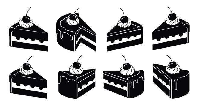 Black and white illustration of multiple chocolate cake slices with cherries
