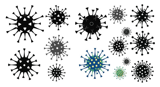 Various depictions of coronavirus structures in different colors and shades