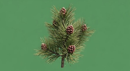 Fototapeta premium Pine branch with pinecones on a green background.