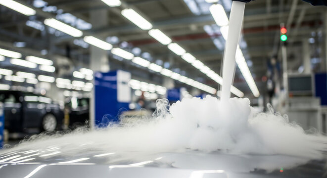Cryo blasting using dry ice pellets at an industrial site for machinery cleaning without chemicals