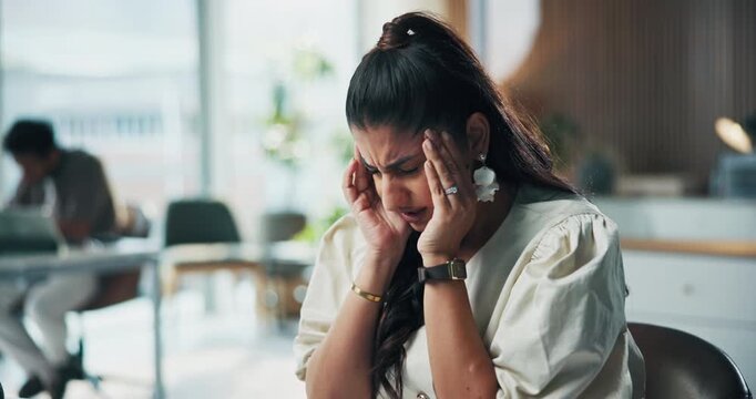 Tired, woman and headache in office with computer, marketing challenge and fatigue for campaign fail. Coworking, exhausted person and migraine in advertising agency with desktop, problem and mistake.