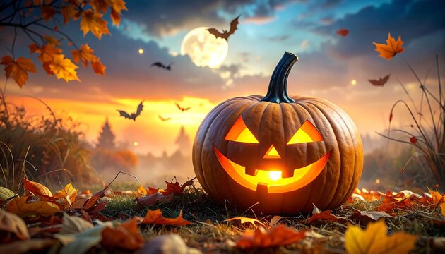A carved pumpkin glows brightly, surrounded by autumn leaves and a sunset, with bats flitting across a full moon