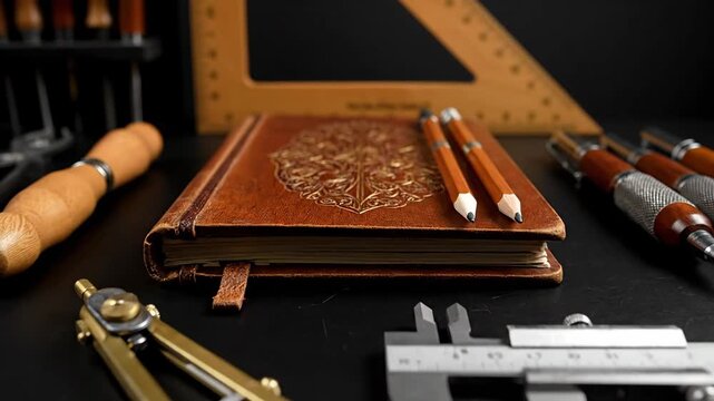 Vintage Drafting Tools and Leather Journal on a Dark Surface.
