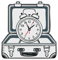 Obraz premium Vintage alarm clock inside an open suitcase ready for travel or departure
