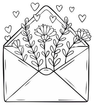 Hand drawn outline of an open envelope filled with blooming flowers and hearts symbolizing love and communication