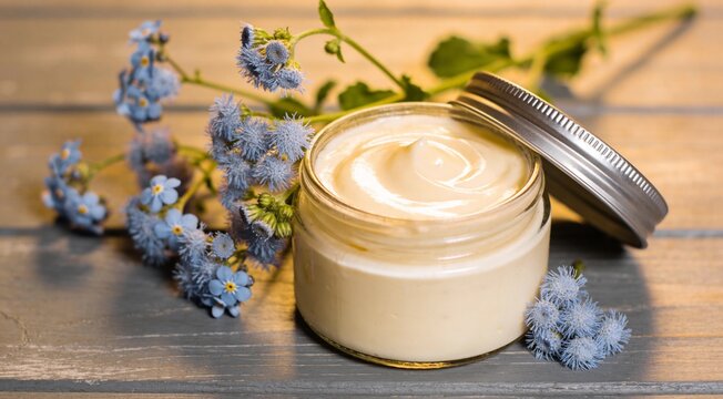 Jar of cream and ageratum flowers on gray table, closeup.
