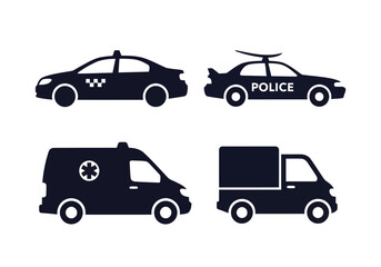 Fototapeta premium Emergency and public transport vehicle silhouette icons set with taxi police and ambulance