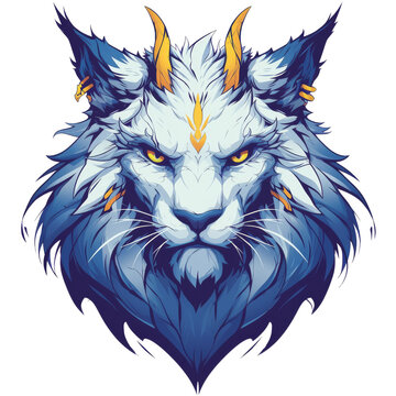 Striking illustration of a mythical blue and white feline creature with golden horns and intense yellow eyes, depicted in a fierce and majestic style.