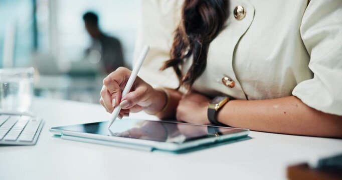 Finance, hands and woman in business with tablet, digital signature and register account on app. Broker, tech and stylus in office for online application, investment update and stocks management